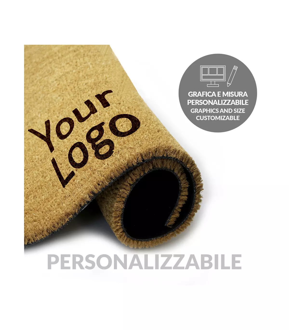 Paillasson en coco naturel personnalisé avec logo, professionnel, avec fond antidérapant, pour l'intérieur et l'extérieur, COCCO PRINTED